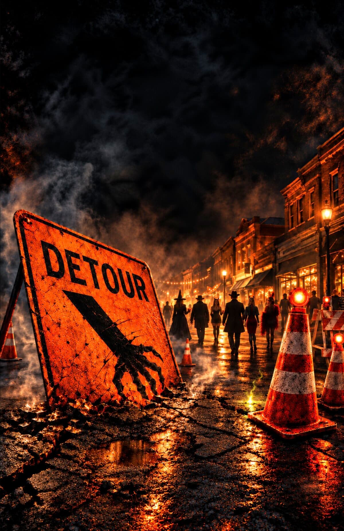 A cracked DETOUR sign with a skeletal hand and traffic cones on a fog-lit street as costumed crowds walk past glowing storefronts at night